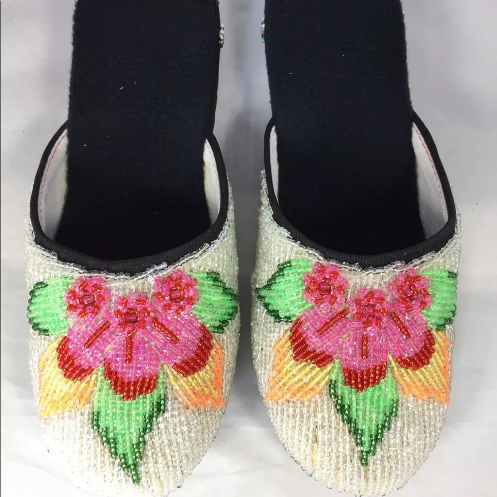 New Women Beaded Velvet Bedroom Slippers Mule Floral White Black 6